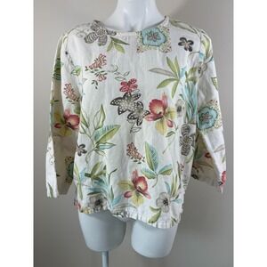 Hot Cotton Linen Blend Top Womens L White Floral Cottagecore Lagenlook Boho